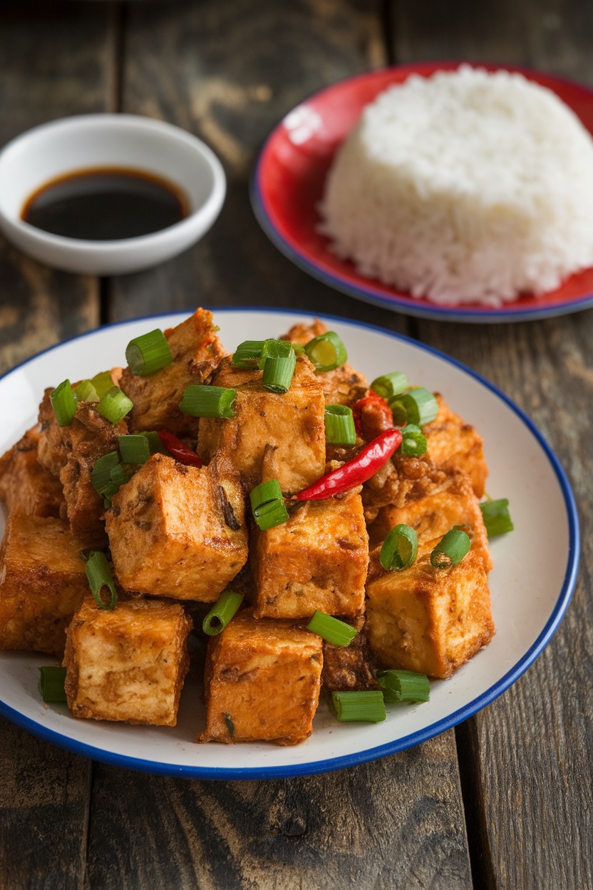 A plate of Tokwa Sisig with crispy tofu, onions, and chilies, served with rice.